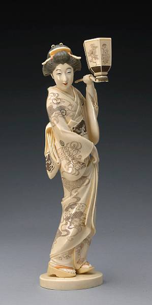 Appraisal: A tinted ivory okimono of a beauty Meiji Period Portrayed