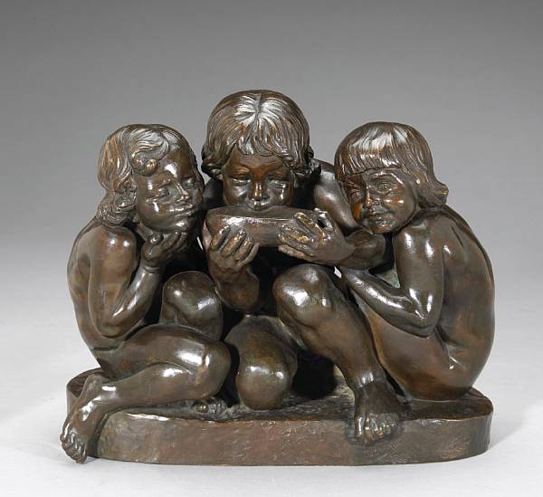 Appraisal: A Danish patinated bronze figural group The Thirsty Children De