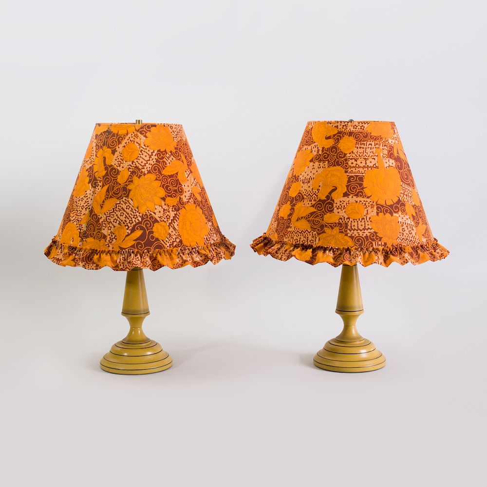 Appraisal: Pair of Yellow Ground T le Peinte Lamps with Fabric