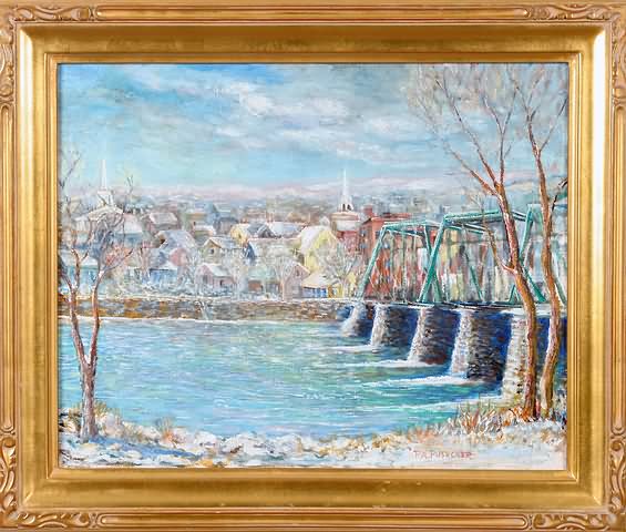 Appraisal: View From Backyard New Hope Lambertville Bridge oil on canvas