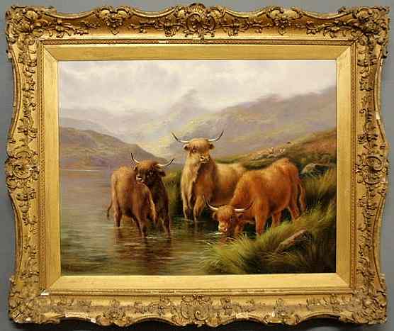 Appraisal: Oil on canvas painting of Highland cattle at water's edge