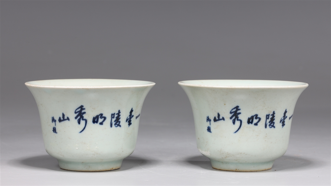 Appraisal: Pair of Chinese porcelain blue and white cups with writing