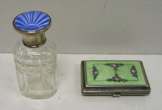 Appraisal: GUILLOCHE ENAMEL BOX AND SCENT BOTTLE English cut glass perfume