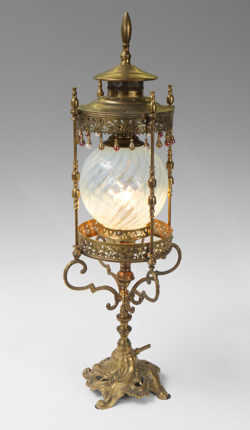 Appraisal: OPALESCENT SHADE GAS TABLE LAMP Electrified from natural gas gilt