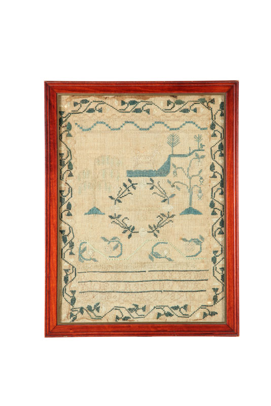 Appraisal: AMERICAN SAMPLER Mary McCord silk on linen Large deer flanked