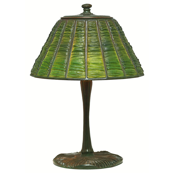 Appraisal: Rare Tiffany Studios lamp unusual green linen fold shade on