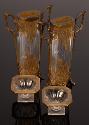 Appraisal: A pair of s gilt metal mounted two-handled vases cm