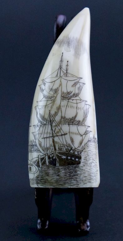 Appraisal: Vintage Scrimshaw Carved Whale Tooth Docked Ship Vintage carved scrimshaw