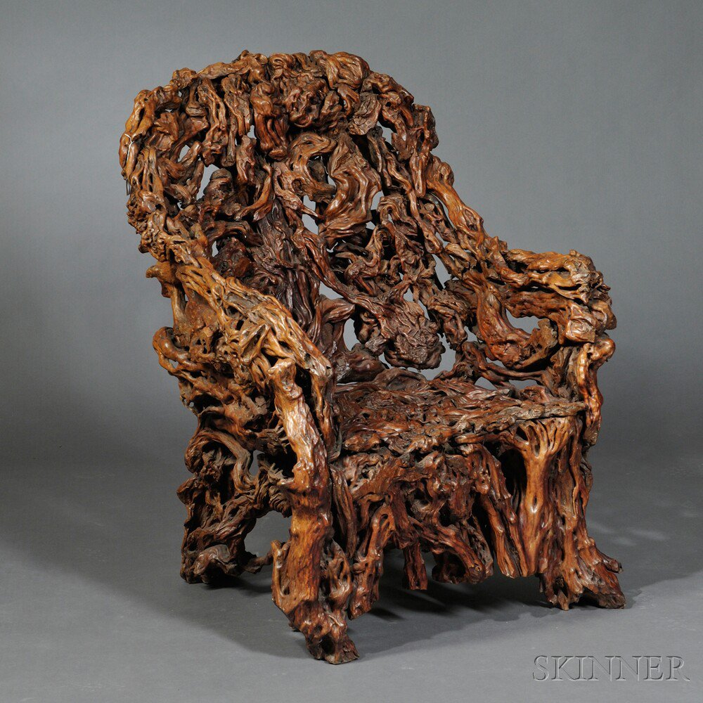 Appraisal: Massive Rootwood Armchair China intricately pieced gnarled hardwood ht back