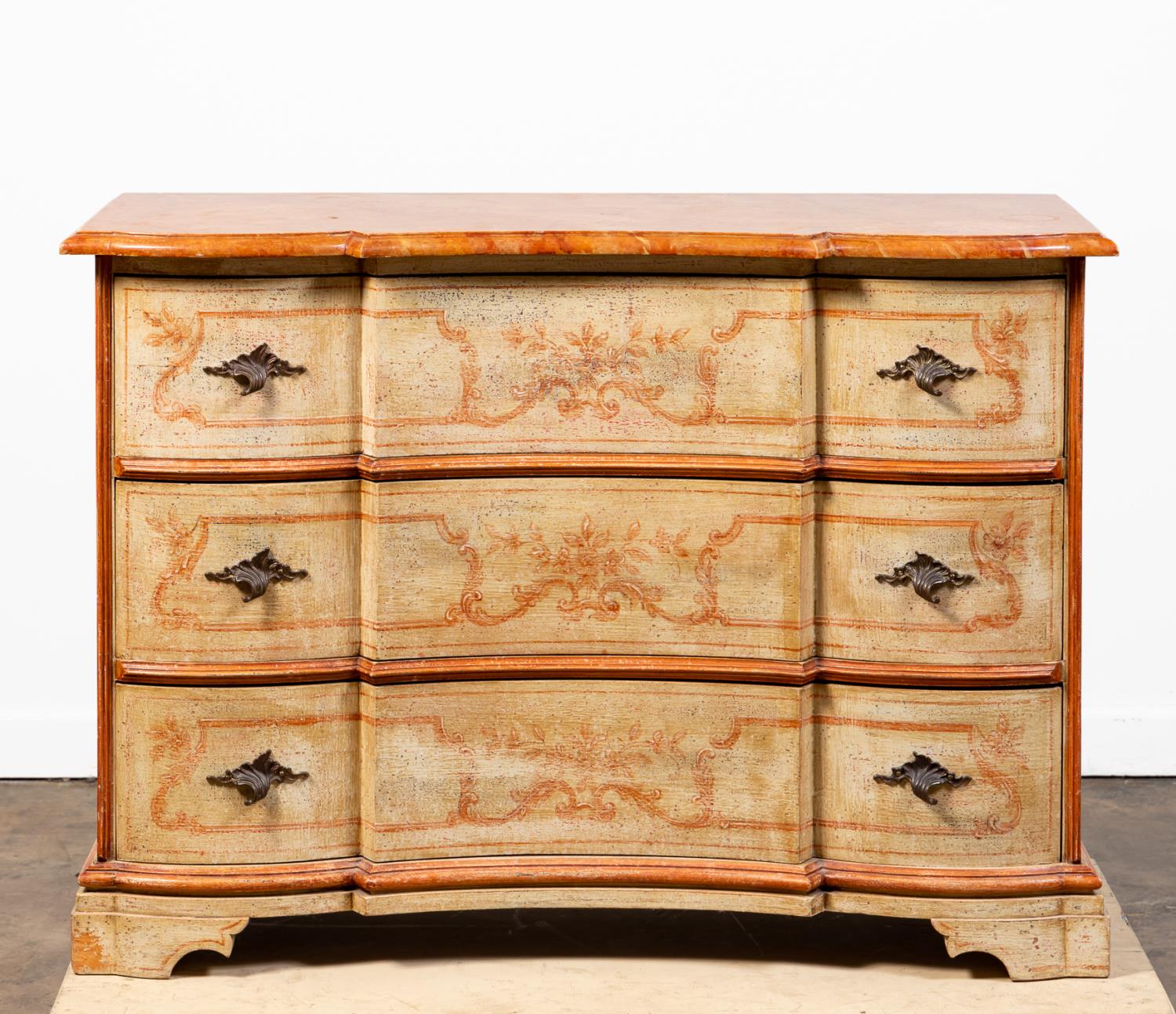 Appraisal: ITALIAN PAINT DECORATED THREE-DRAWER COMMODE Italian th century distressed paint