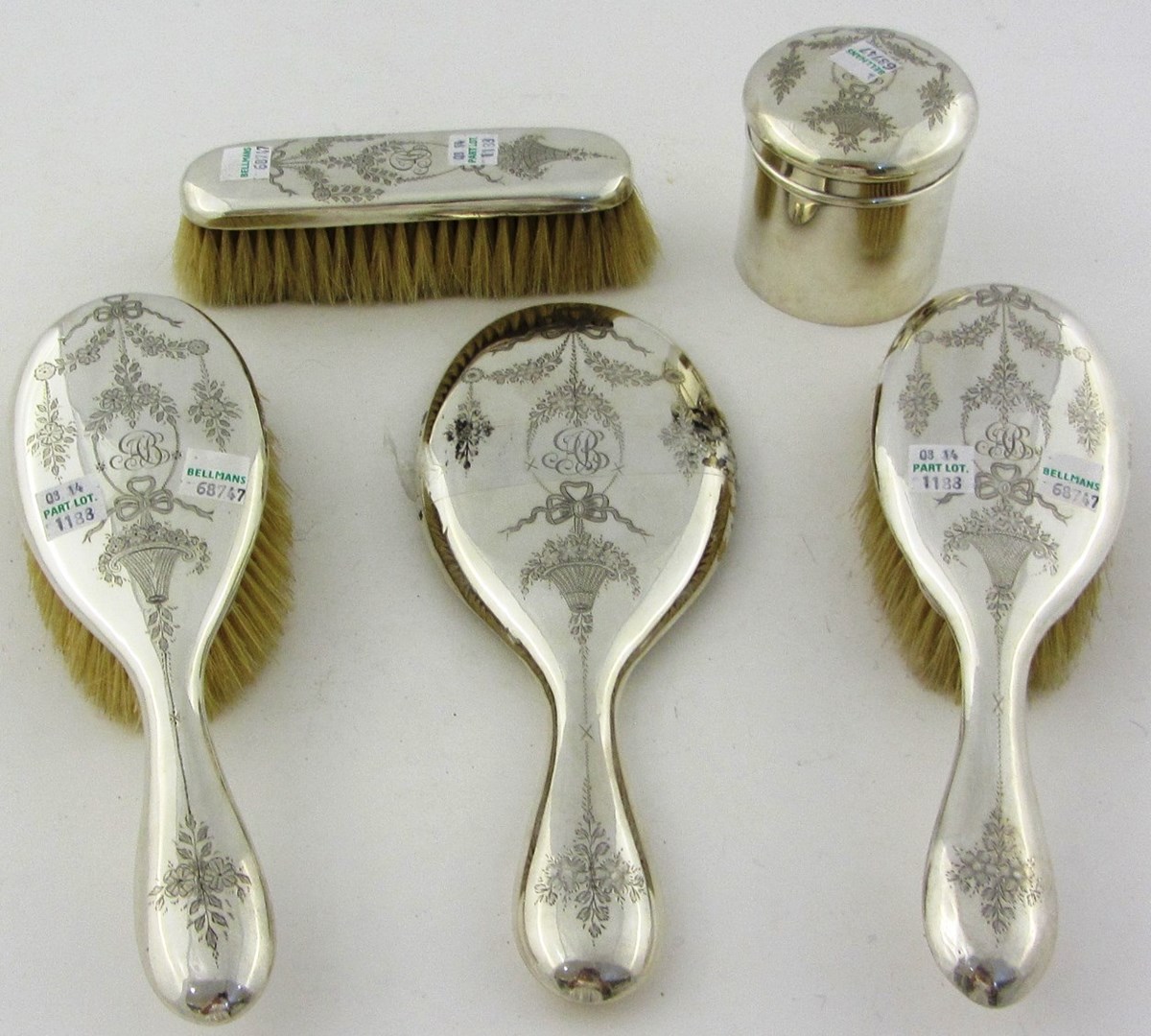 Appraisal: Silver mounted matched dressing table wares comprising a cylindrical jar