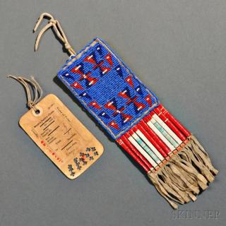 Appraisal: Lakota Beaded and Quilled Hide Ration Ticket Pouch and Ticket