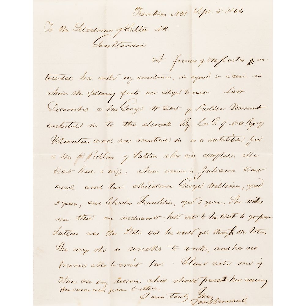 Appraisal: Civil War Letter Requesting Family Aid for a Paid SUBSTITUTE