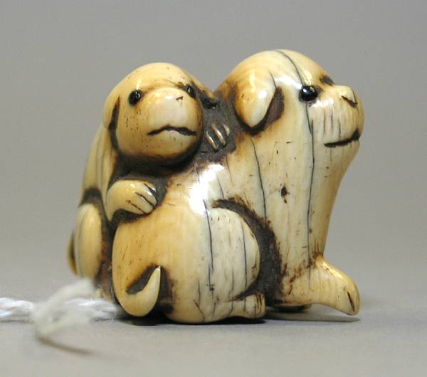 Appraisal: A carved ivory netsuke of two puppies th Century wear