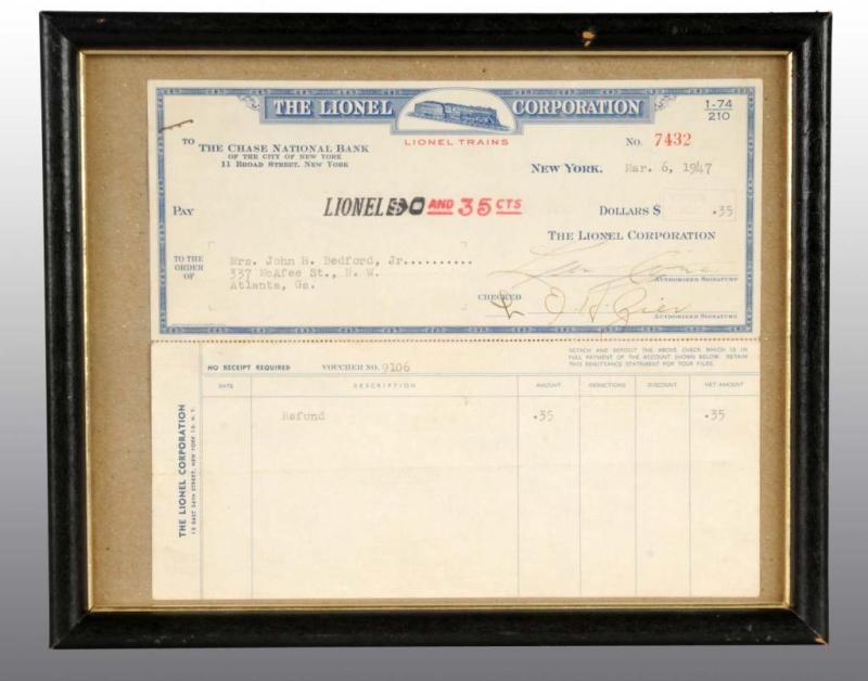 Appraisal: Lionel Train -Cent Refund Check Description Dated March Check has