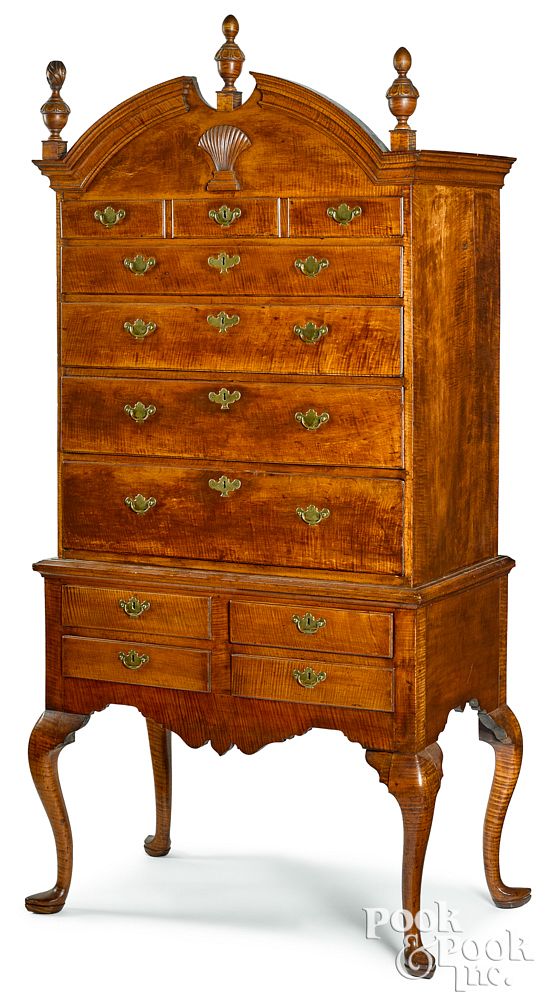 Appraisal: Delaware Valley Queen Anne tiger maple high chest Delaware Valley