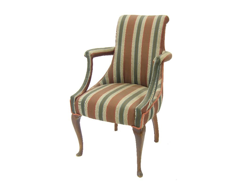 Appraisal: th century style striped upholstered armchair upon cabriole front supports