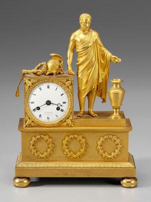 Appraisal: French Empire bronze dore shelf clock standing Roman figure beside