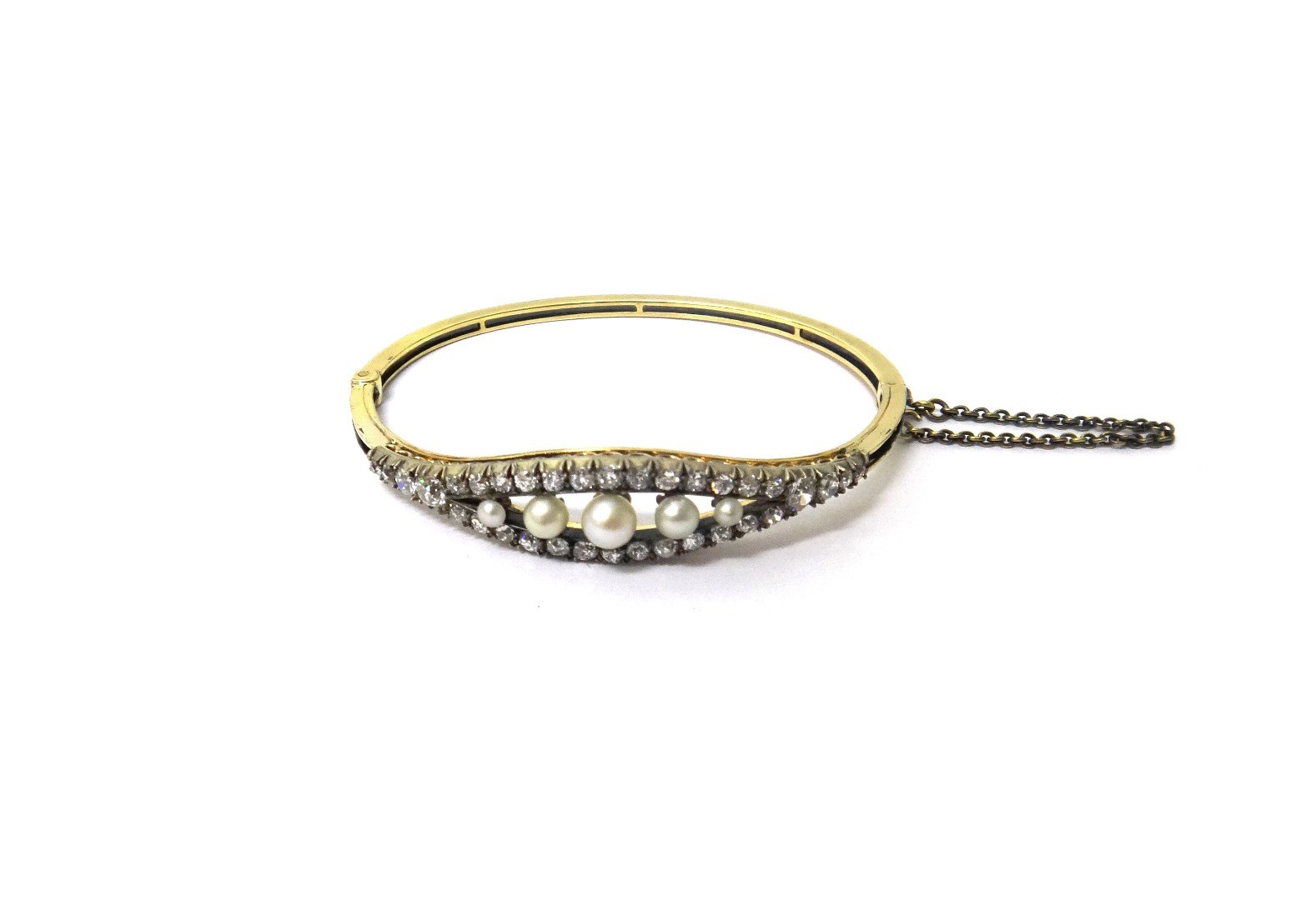 Appraisal: A diamond and cultured pearl set oval hinged bangle the