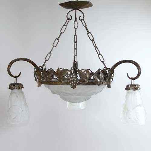 Appraisal: A French Art Deco Fer Forg Iron and Glass Chandelier