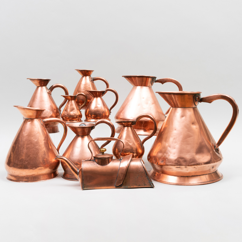 Appraisal: GROUP OF NINE COPPER PITCHERS MOST ENGLISH Some stamped with