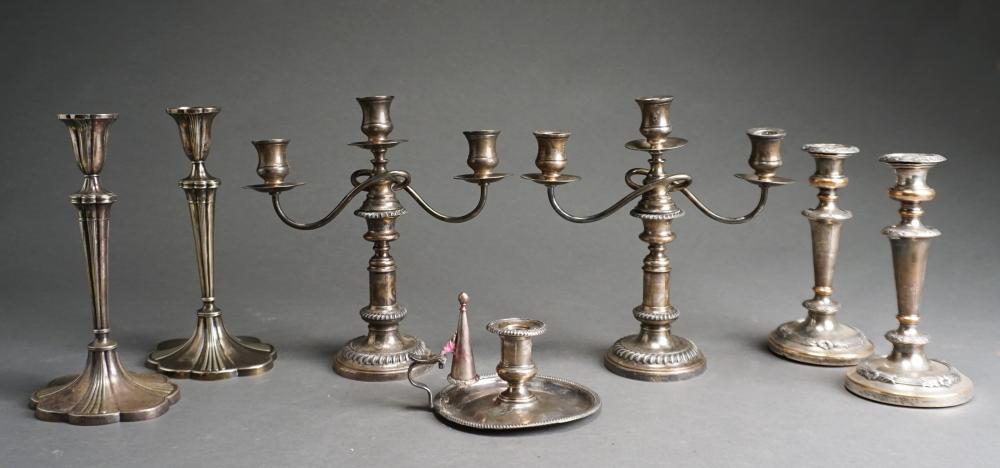 Appraisal: THREE PAIRS OF PREDOMINANTLY ENGLISH SILVERPLATE CANDLESTICKS WITH A CHAMBERSTICK