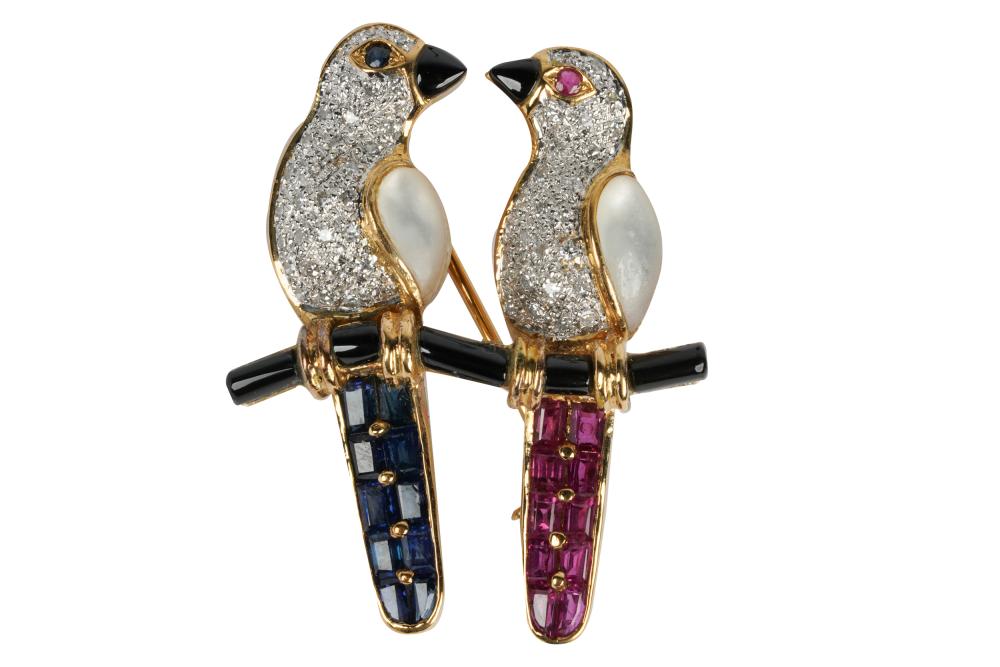 Appraisal: FRENCH KARAT YELLOW GOLD DIAMOND MULTI-GEM 'LOVEBIRD' BROOCHstamped ' '