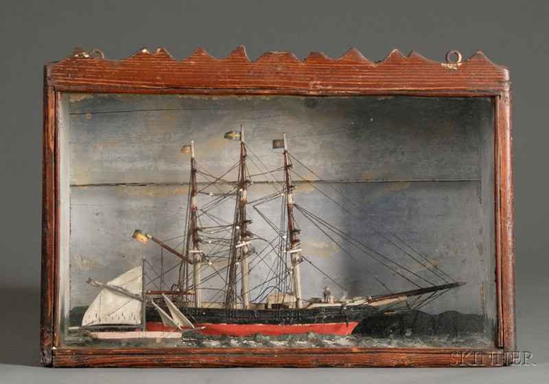 Appraisal: Painted Cased Wooden Ship Diorama America late th early th