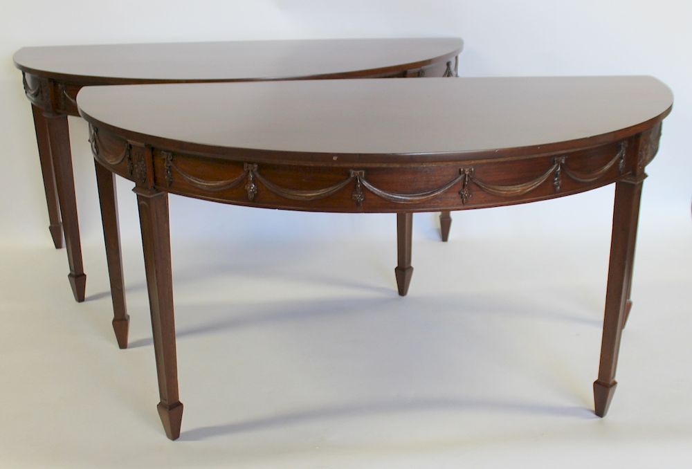 Appraisal: Pair of Antique Mahogany Adams Style Demilune Consoles From a