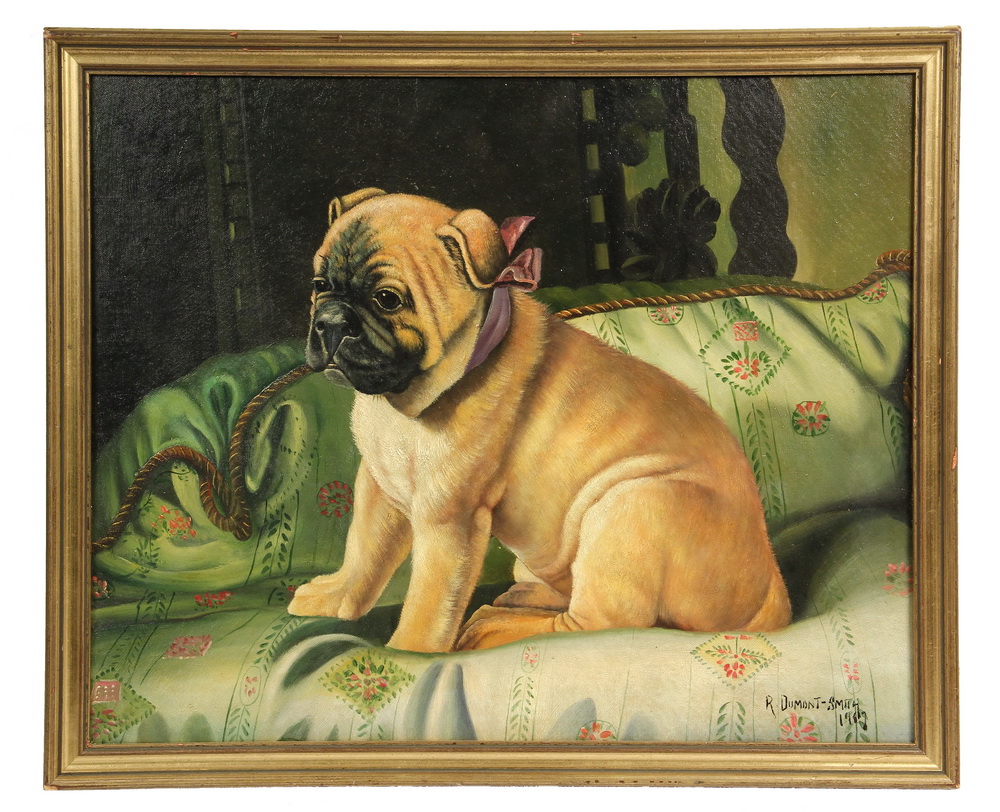 Appraisal: OIL ON CANVAS BOARD - Pug Dog on a Cushion