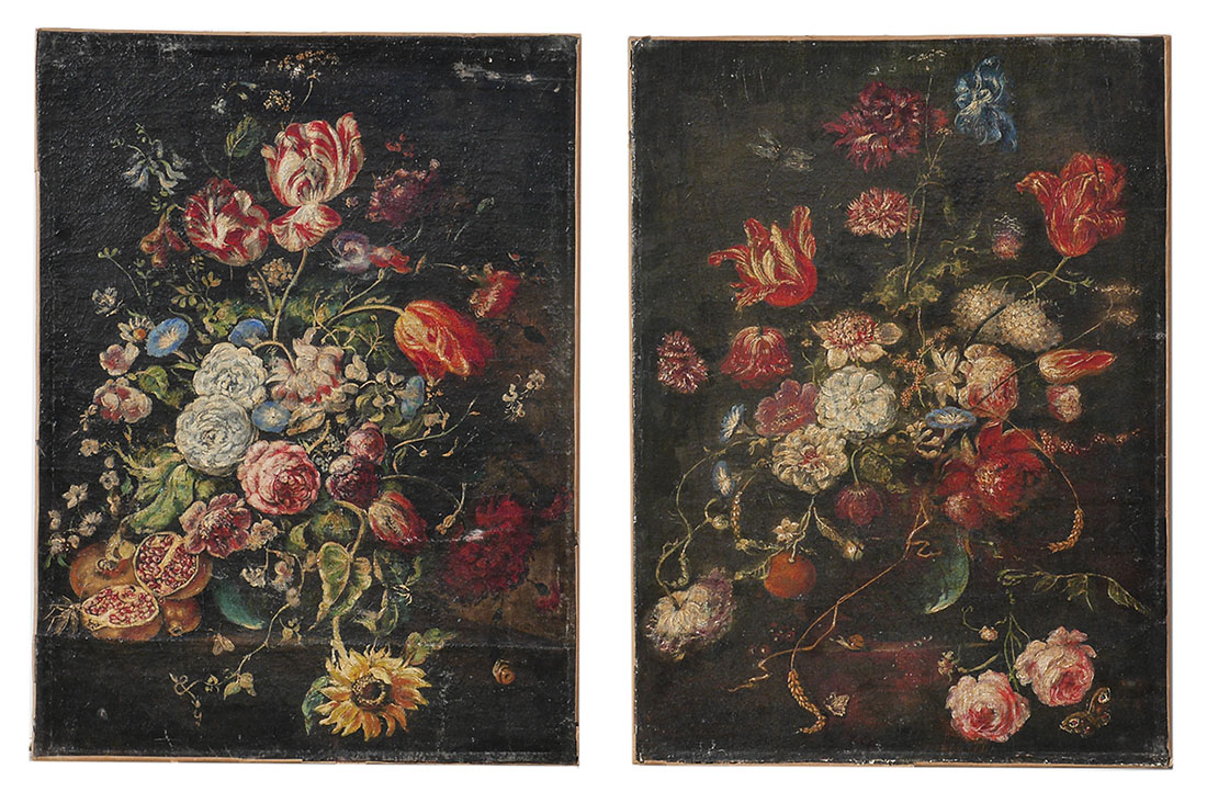 Appraisal: TWO EARLY OLD MASTER STYLE FLORAL STILL LIFE PAINTINGS Oil