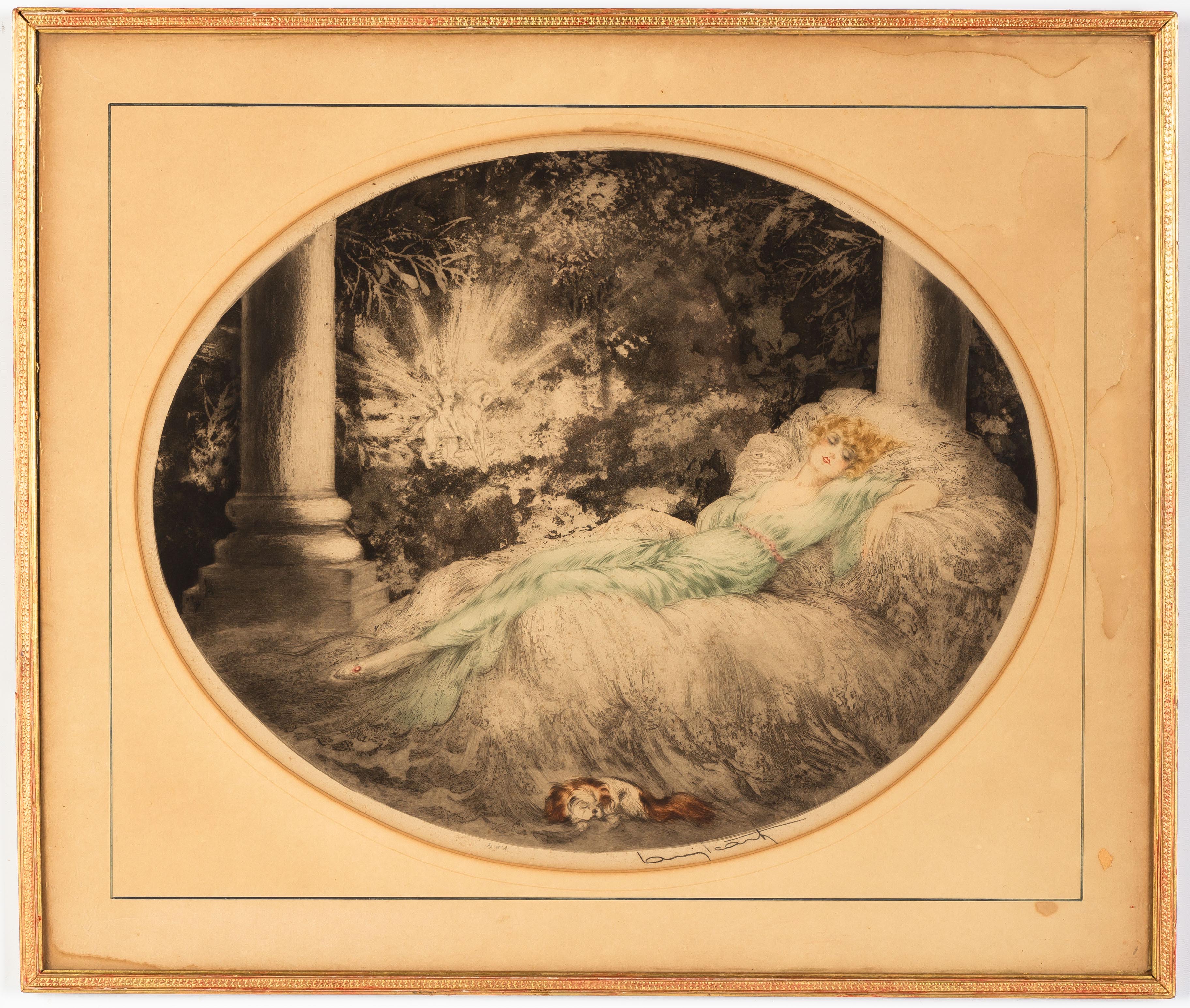 Appraisal: LOUIS ICART FRENCH - LOUNGING WOMAN WITH DOG Etching Signed