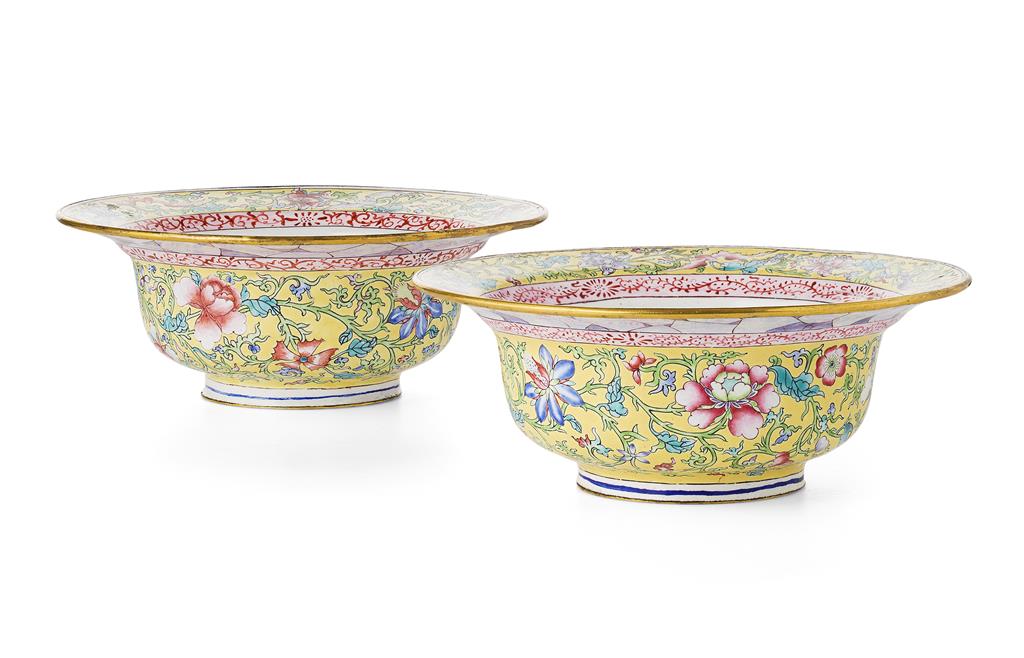 Appraisal: PAIR OF CANTON ENAMEL YELLOW-GROUND BOWLS TH CENTURY the exterior