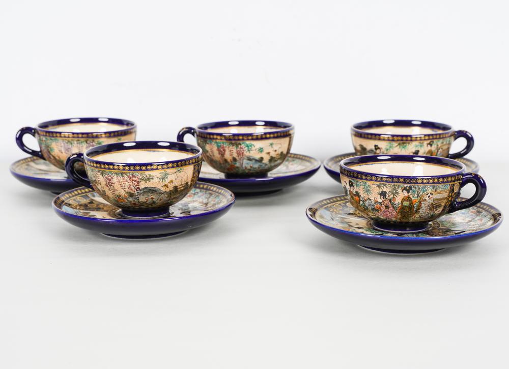 Appraisal: SET OF FIVE SATSUMA PORCELAIN CUPS SAUCERSeach piece marked to