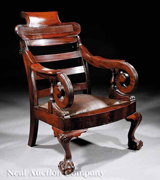 Appraisal: An American Classical Revival Carved Mahogany Adjustable Back Armchair late