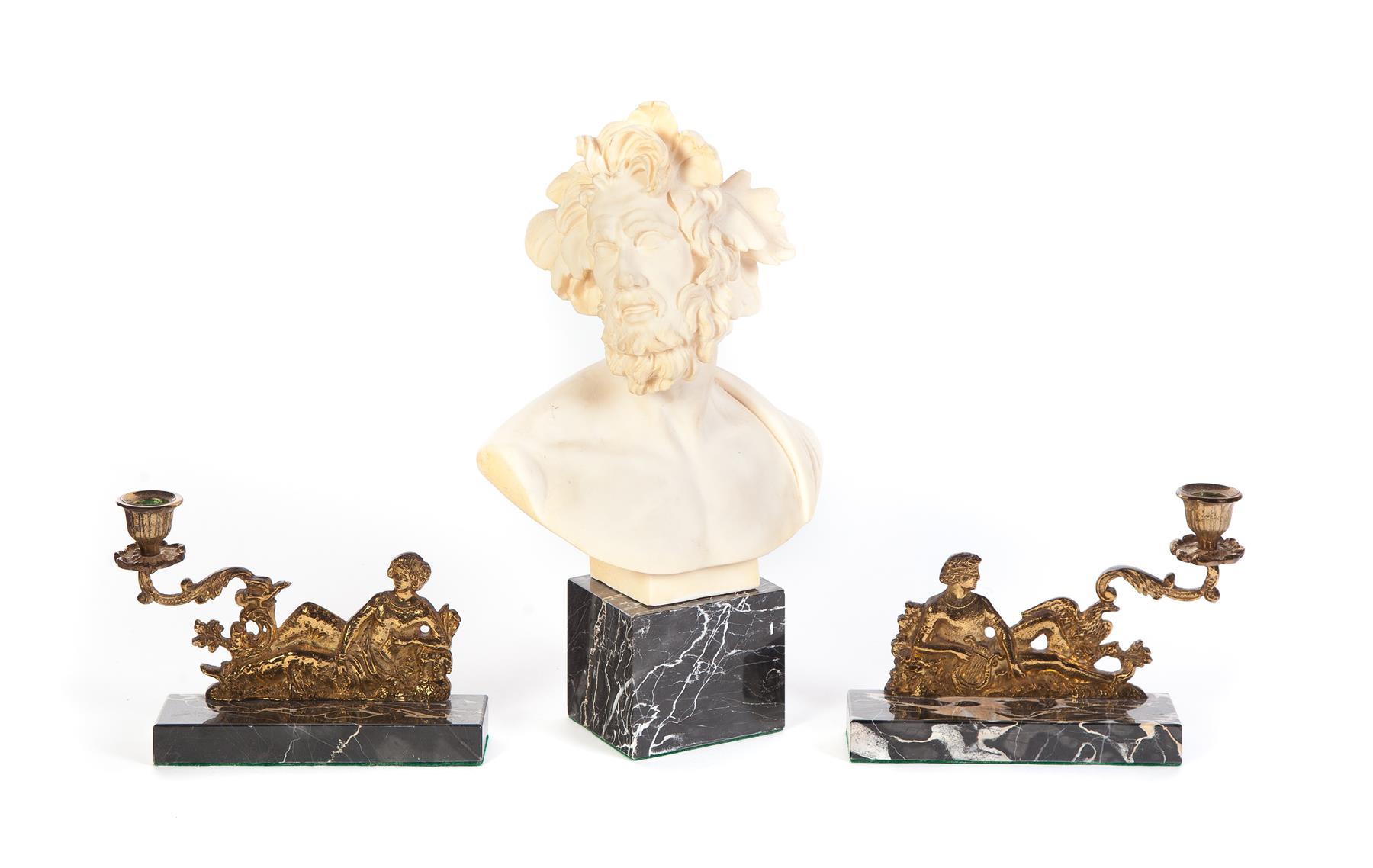 Appraisal: THREE PIECES BUST AND A PAIR OF CANDLE HOLDERS European