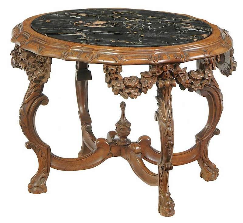 Appraisal: Carved Walnut Marble Top Low Table Continental late th century