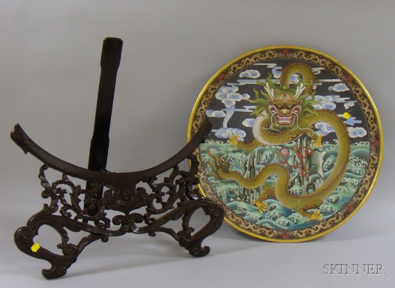 Appraisal: Large Cloisonne Dragon Charger with Wooden Stand dia in