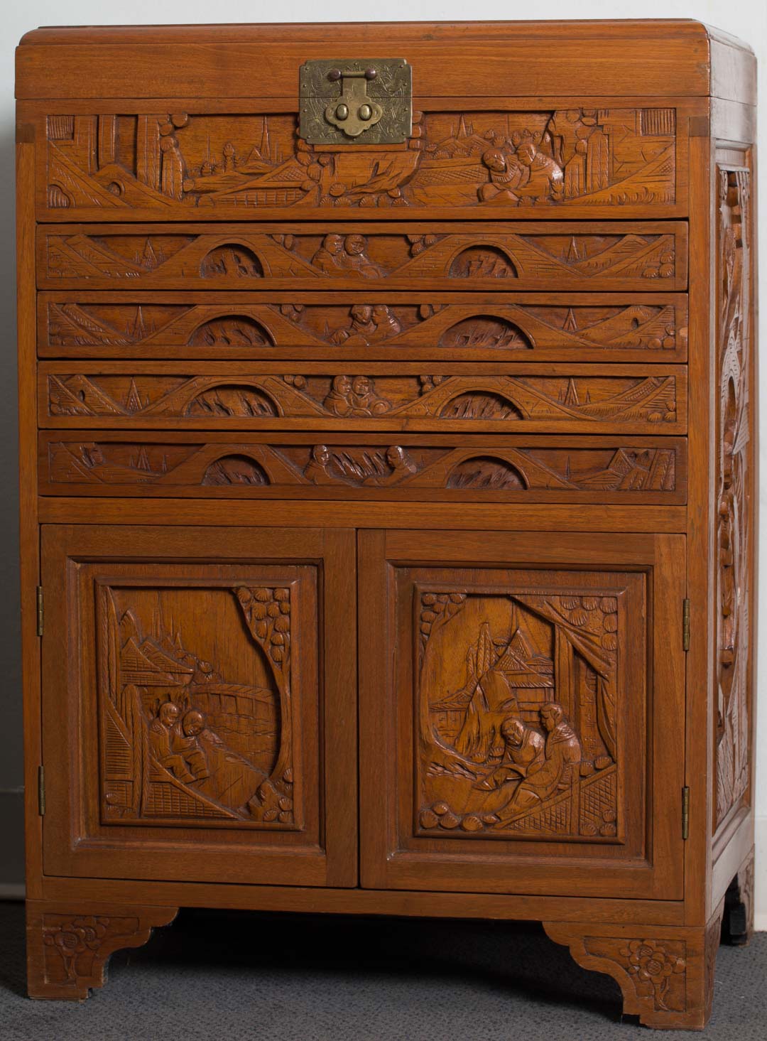 Appraisal: Oriental style carved wood flatware chest