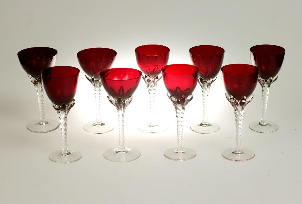 Appraisal: SET OF RUBY WINE GLASSES each with deep red bowl