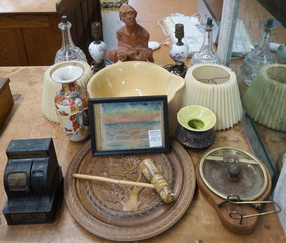 Appraisal: COLLECTION WITH GLAZED CERAMIC BOWL PAIR OF PRESSED GLASS DECANTERS