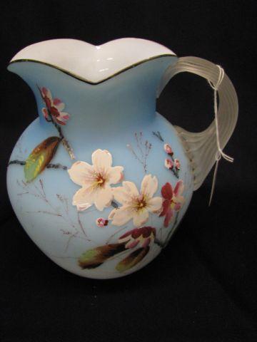 Appraisal: Victorian Enameled Art Glass Pitcher blue white satin