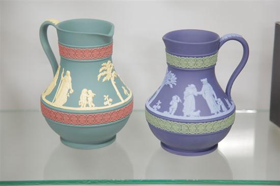 Appraisal: TWO WEDGWOOD ETRUSCAN PITCHERS Both tri-colored with embossed classical scenes