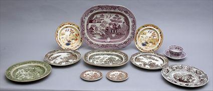 Appraisal: GROUP OF TRANSFER-PRINTED WARES Comprising a cranberry in platter and