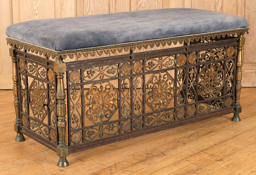 Appraisal: BRONZE IRON UPHOLSTERED BENCH ATTR TO OSCAR BACH A bronze