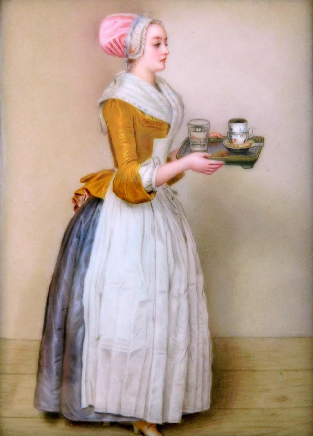 Appraisal: Painting on porcelain plaque depicts woman in th C dress