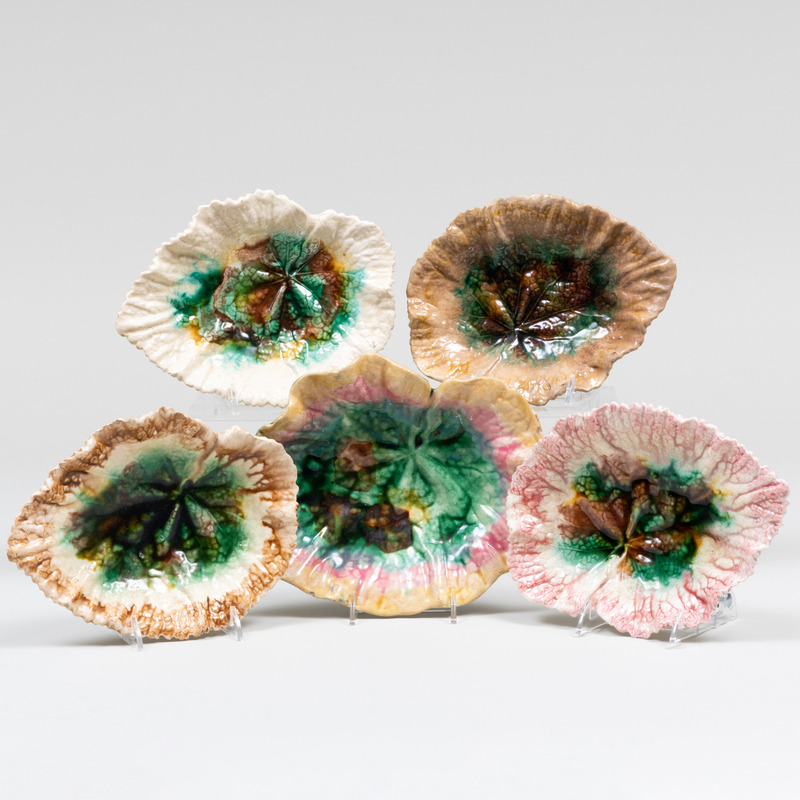 Appraisal: Group of Five Majolica Begonia Leaf Wares Comprising A Etruscan