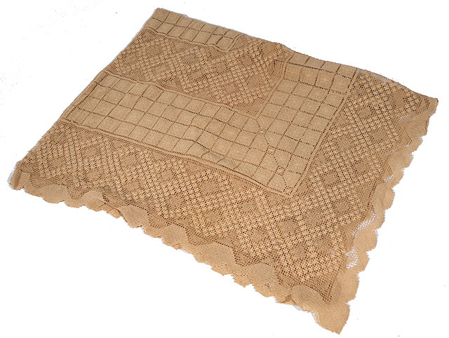 Appraisal: A WOVEN LINEN RECTANGULAR BEDCOVER with geometric decoration and shaped