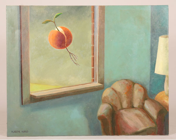 Appraisal: Doris Vlasek-Hails American - fruit and interior arrangement surrealist acrylic