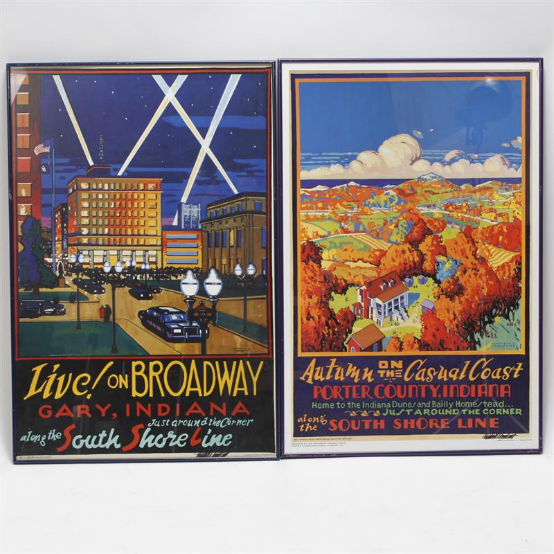 Appraisal: Pair of signed contemporary vintage-style Indiana Litho Travel posters by